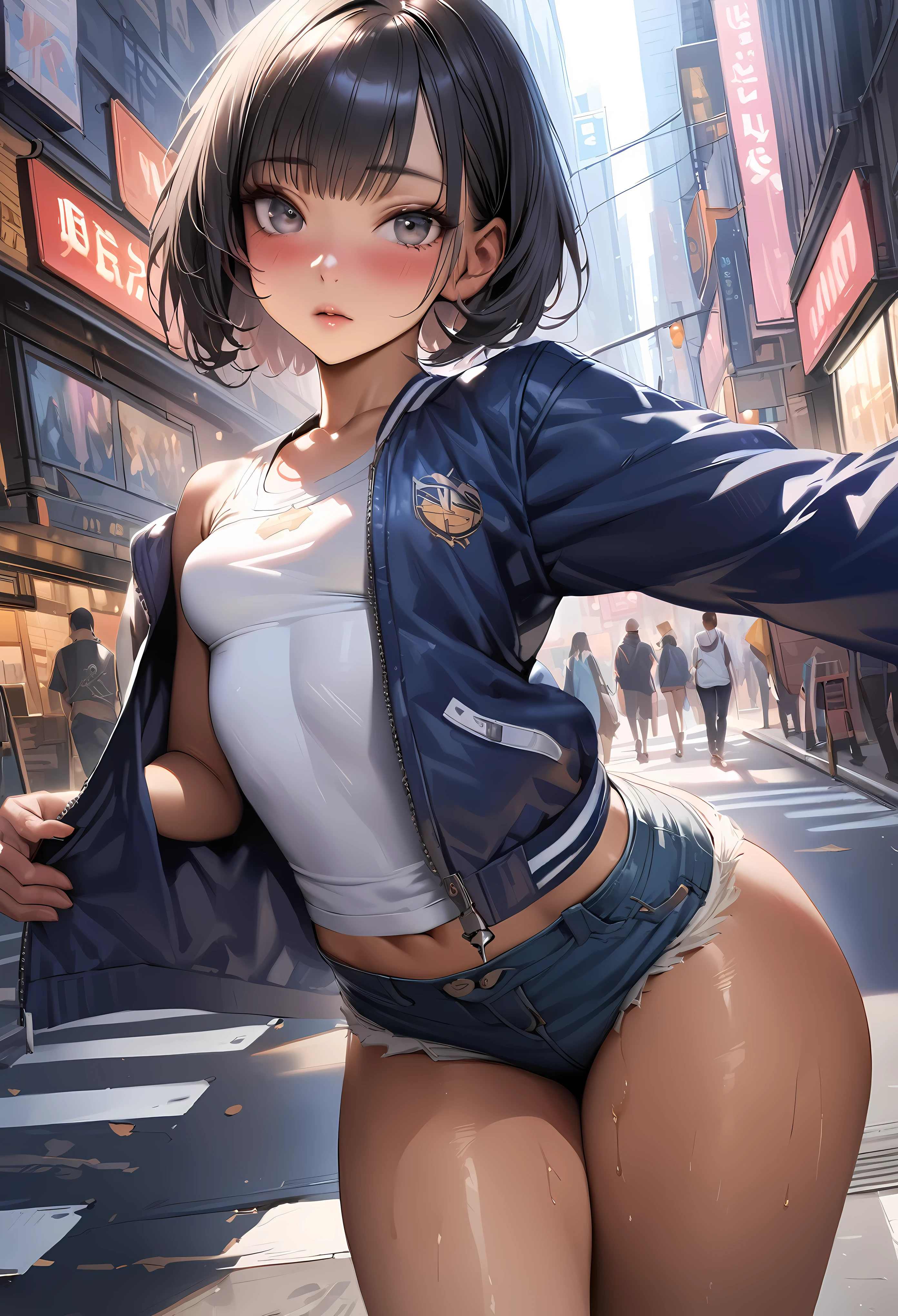 ((masterpiece,Highest quality:1.3,best quality illustration)),(realistic:1.2)、cowboy shot,solo,1woman,(Mature Beauty),black hair,(very short bob hair),bangs,black eyes,(gorgeous big eyes),(very small head),blush,(very long body,skinny,slender body,tan skin),small breasts,gleaming skin,oily skin,(((Navy blue baseball jacket)))、denim micro shorts,White tank top,on street,New York City、