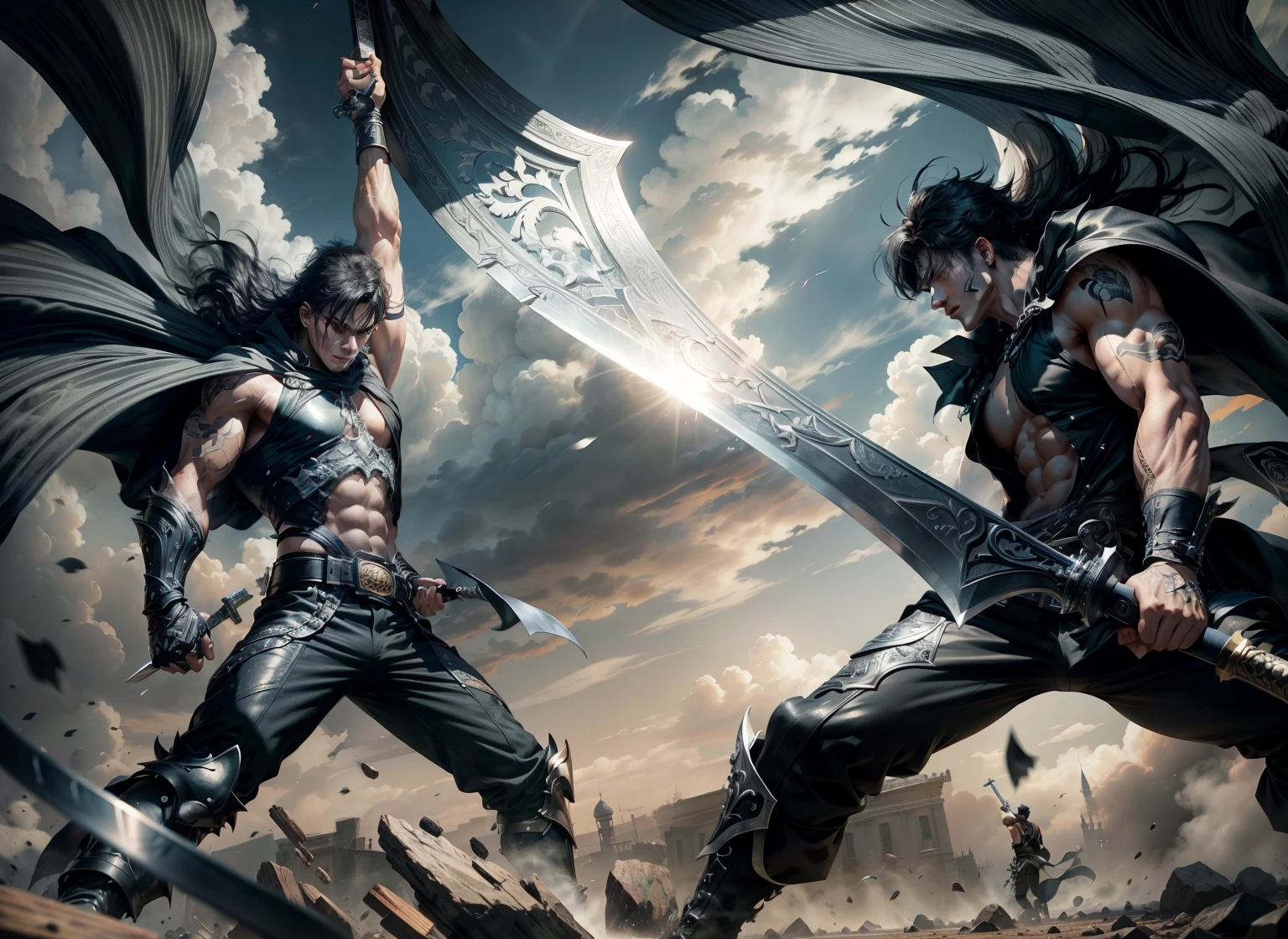 boys 26 Years old, Serious face, wearing black sleeveless shirt, black pants, flowing cape, fighting each other, holding sword, blue sky, cloud