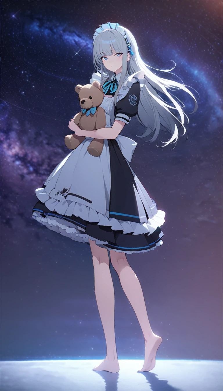 (((masterpiece))), (((best quality))),(((high detail))),light manipulation, girl with long silver hair, gradient purple to sky blue eyes, wearing a maid outfit, galaxy background, holding a teddy bear, no footwear, standing