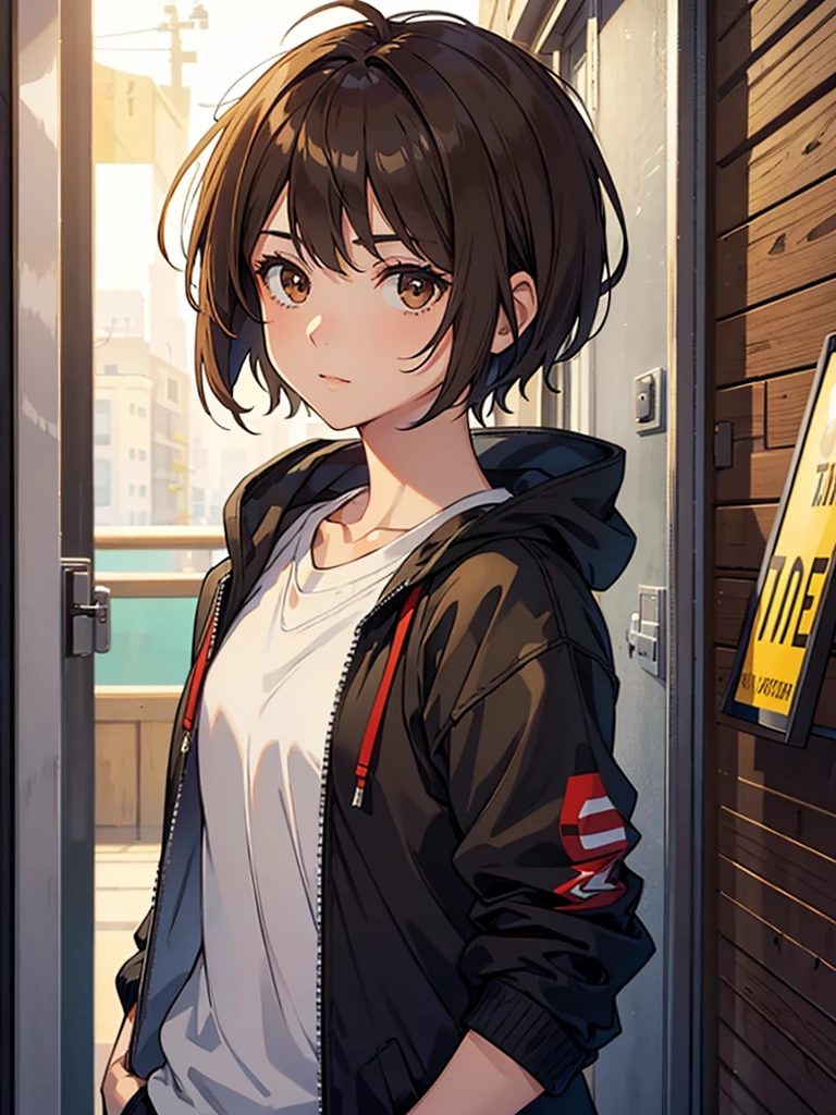 a beautiful girl, boyish, handsome short hair, brown hair, head shot, brown eyes, 