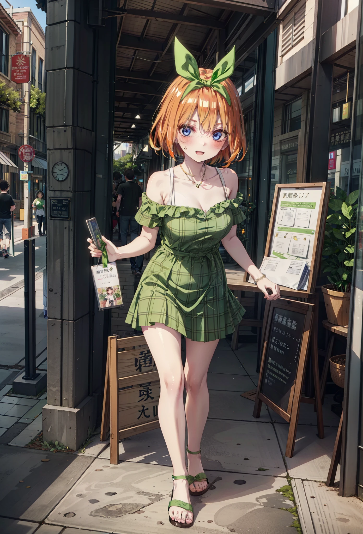 Yotsubanakano, Fourth floor Nakano, bangs, short hair, blue eyes, Hair between the eyes, hair ribbon, hair band, Orange Hair, (Green ribbon:1.5), smile, Open your mouth,blush,Cold Shoulder Shirt,Short sleeve,mini skirt,Heeled Sandals,Walking,True Summer,Clear skies,Daytime,Palm tree,whole bodyがイラストに入るように,
break outdoors, tropical,Tropical,Shopping Street,Shopping mall,
break looking at viewer,whole body,
break (masterpiece:1.2), Highest quality, High resolution, unity 8k wallpaper, (figure:0.8), (Beautiful attention to detail:1.6), Highly detailed face, Perfect lighting, Highly detailed CG, (Perfect hands, Perfect Anatomy),