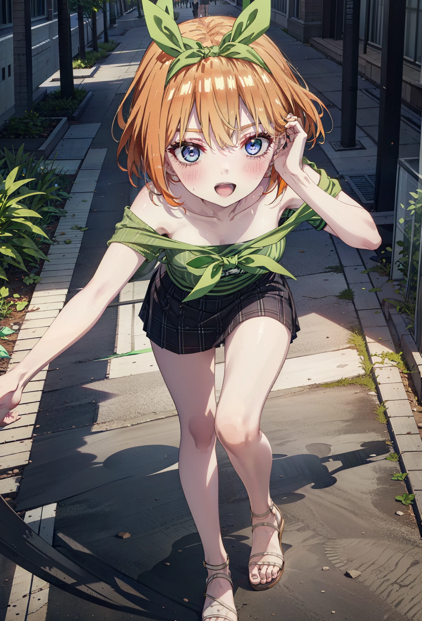 Yotsubanakano, Fourth floor Nakano, bangs, short hair, blue eyes, Hair between the eyes, hair ribbon, hair band, Orange Hair, (Green ribbon:1.5), smile, Open your mouth,blush,Cold Shoulder Shirt,Short sleeve,mini skirt,Heeled Sandals,Walking,True Summer,Clear skies,Daytime,Palm tree,whole bodyがイラストに入るように,
break outdoors, tropical,Tropical,Shopping Street,Shopping mall,
break looking at viewer,whole body,
break (masterpiece:1.2), Highest quality, High resolution, unity 8k wallpaper, (figure:0.8), (Beautiful attention to detail:1.6), Highly detailed face, Perfect lighting, Highly detailed CG, (Perfect hands, Perfect Anatomy),