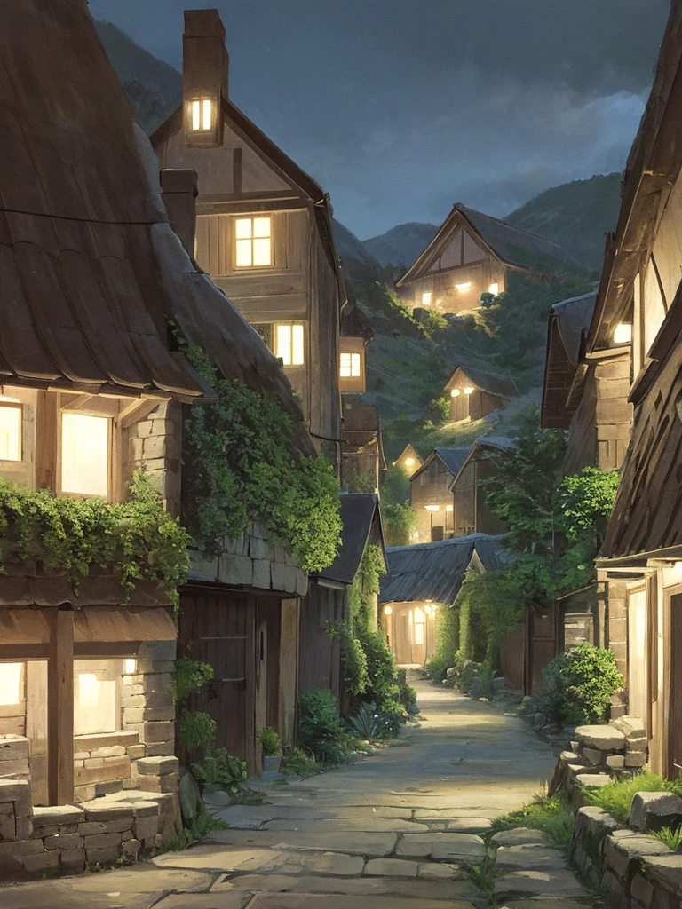 Poor little mountain village street, Villagers, Old house, Very detailed, night, dark, That&#39;s horrible, Looking down