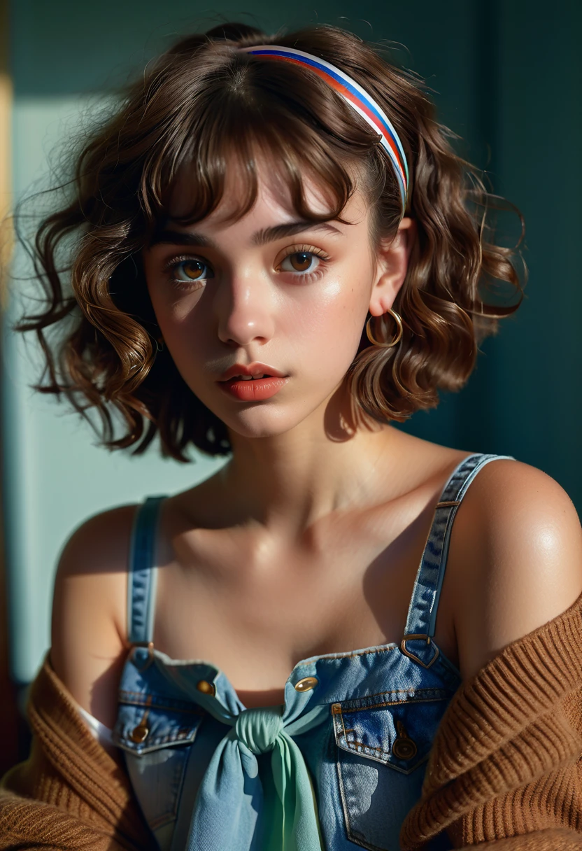 (best quality, 4k, highres, highres face details), illustration, style of Philip Lorca diCorcia, cinematic film still portrait of young girl aged 18 yrs old, 1girl, solo, Instagram model, athletic figure, tan skin, perfect lips, fake lashes, modest bust size, deep cleavage, pretty face, wearing an off the shoulder brown sweater, wearing jean shorts, brown hair, short curly hair, crossed bangs, brown eyes, constricted pupils, hair ribbon, hoop earrings, cinematic lighting, Ultra-Wide Angle, Canon, Hyperrealism, UHD, masterpiece, textured skin, high details, best quality, detailed eyes, detailed iris, full body image