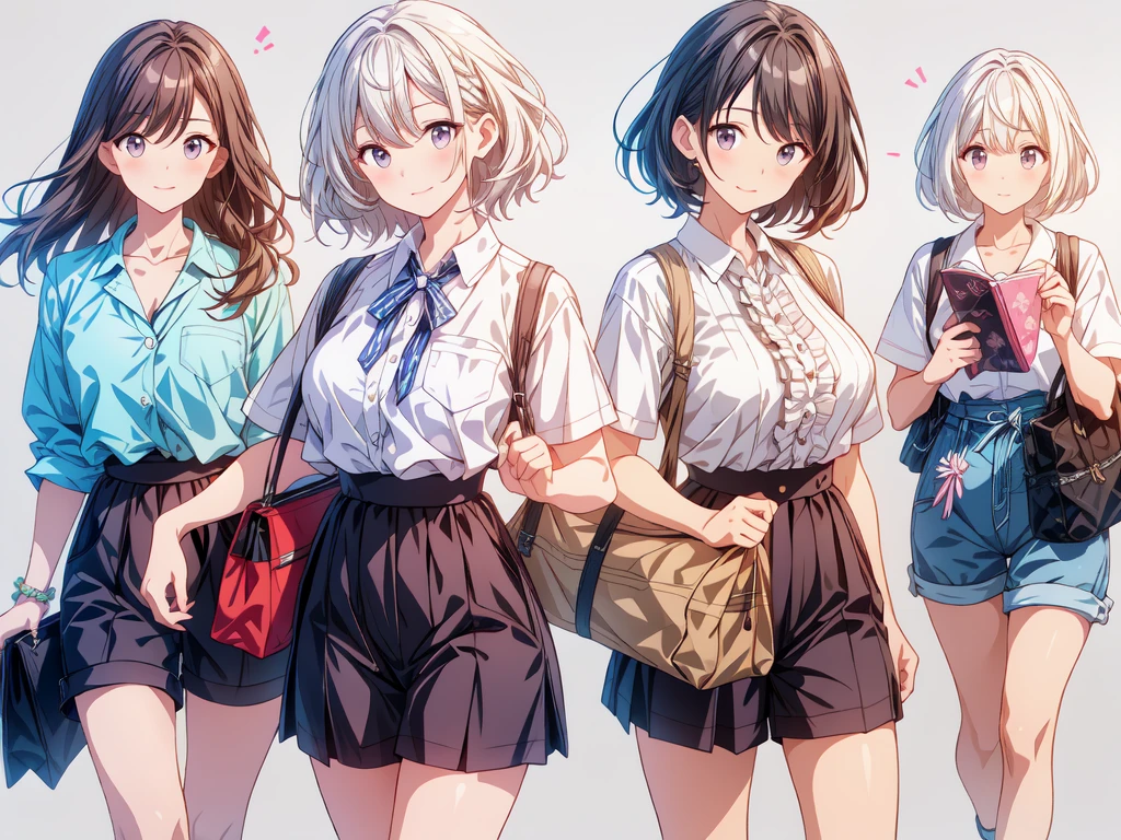 (((best quality))) , ((whole body)), 4 Women, Adult women, multiple views, White background, Various hairstyles, Various fashion styles, Sexy pose, Fashionable atmosphere, Tote Bag, Spring Clothing, Uniforms,Work clothes,Walking posture, Extremely detailed CG, shorts, cleveage, Ruffles,
