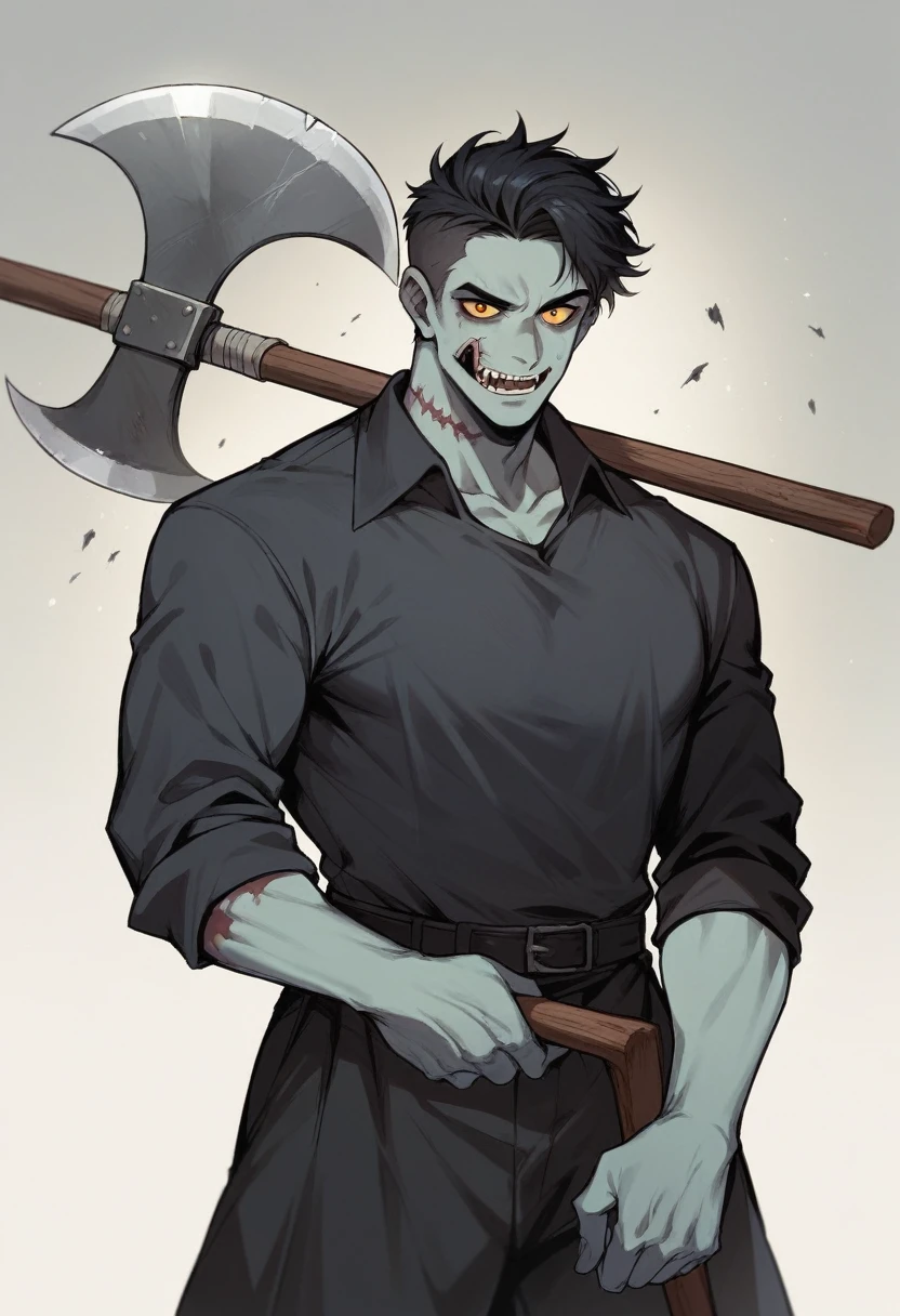 Man, black clothes, long black hair, tatto close to the left eye, holding an axe, Zombie apocalypse