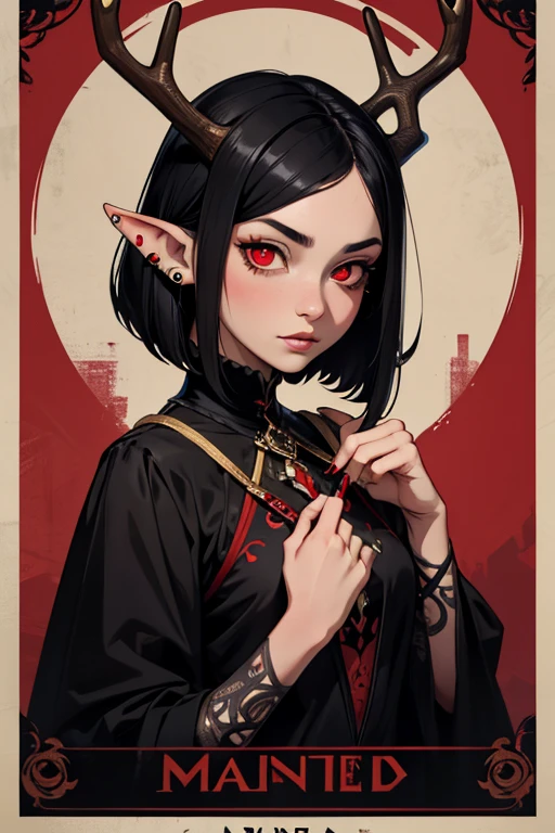 Poster of "Wanted" of a Girl with long, pointed ears full of piercings, short black hair, duendecillo haircut, red eyes and antlers on the head. The girl&#39;s name is "Backdoor"