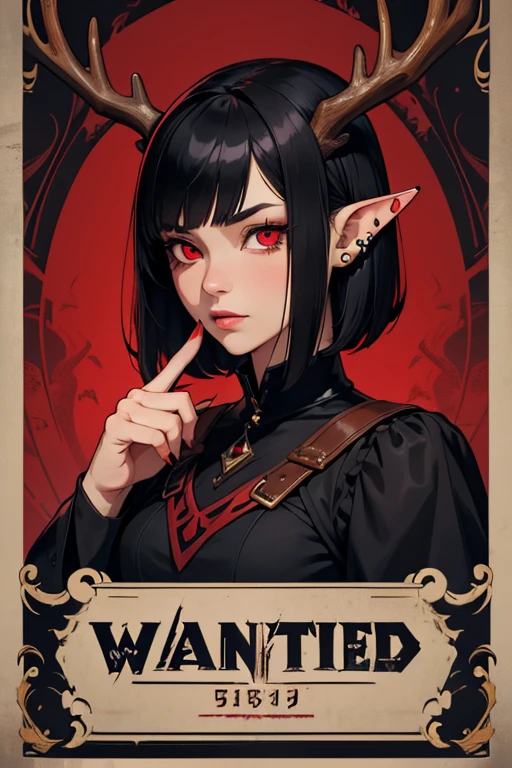 Poster of "Wanted" of a Girl with long, pointed ears full of piercings, short black hair, duendecillo haircut, red eyes and antlers on the head. The girl&#39;s name is "Backdoor"