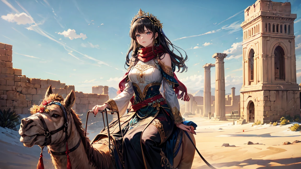 A captivating woman riding a camel in a desert setting, with a clear and detailed view of her face. She has a mysterious and ethereal aura, wearing traditional Gypsy attire. Her outfit includes a flowing dress with intricate patterns, colorful scarves, and adorned with jewelry. The scene includes the camel she is riding, and the desert backdrop features a clear blue sky with scattered clouds and ancient ruins in the distance. Ensure the overall atmosphere is magical and otherworldly.