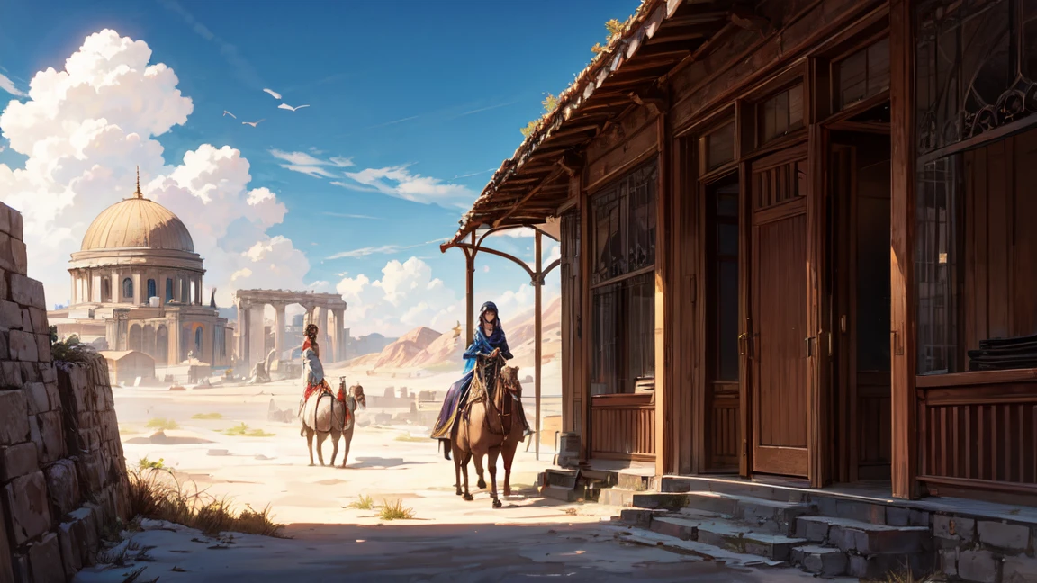 A captivating woman riding a camel in a desert setting, with a clear and detailed view of her face. She has a mysterious and ethereal aura, wearing traditional Gypsy attire. Her outfit includes a flowing dress with intricate patterns, colorful scarves, and adorned with jewelry. The scene includes the camel she is riding, and the desert backdrop features a clear blue sky with scattered clouds and ancient ruins in the distance. Ensure the overall atmosphere is magical and otherworldly.
