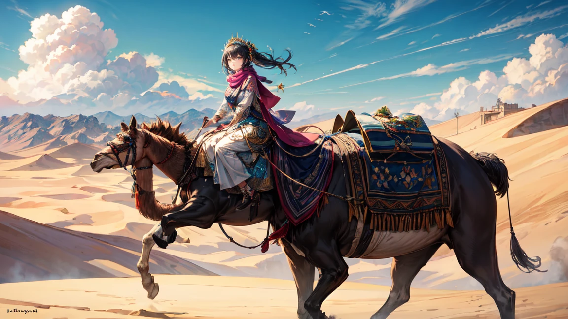 A captivating woman riding a camel in a desert setting, with a clear and detailed view of her face. She has a mysterious and ethereal aura, wearing traditional Gypsy attire. Her outfit includes a flowing dress with intricate patterns, colorful scarves, and adorned with jewelry. The scene includes the camel she is riding, and the desert backdrop features a clear blue sky with scattered clouds and ancient ruins in the distance. Ensure the overall atmosphere is magical and otherworldly.