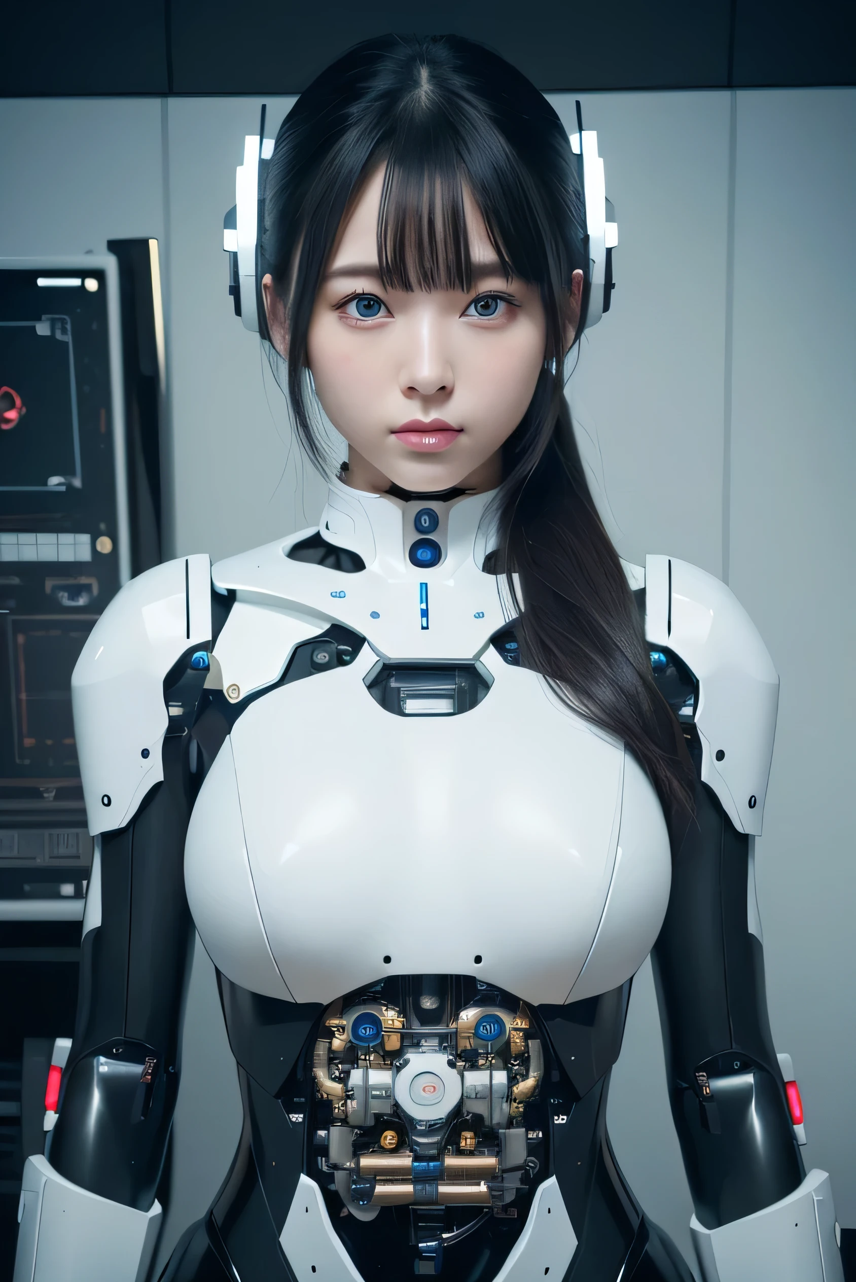 masterpiece, best quality, extremely detailed, 8K portrait,1girl in, Japaese android girl,android teacher,Plump , control panels,android,Droid,Mechanical Hand, ,Robot arms and legs, Black hair,Mechanical body,Blunt bangs,White Robotics Parts,perfect robot woman,Charging spot,perfect mechanical body,white robotics body,android assembly plant,white body,She has repaired,black sponge joints,android,laboratory,perfect machine body,white robot body,blue eyes