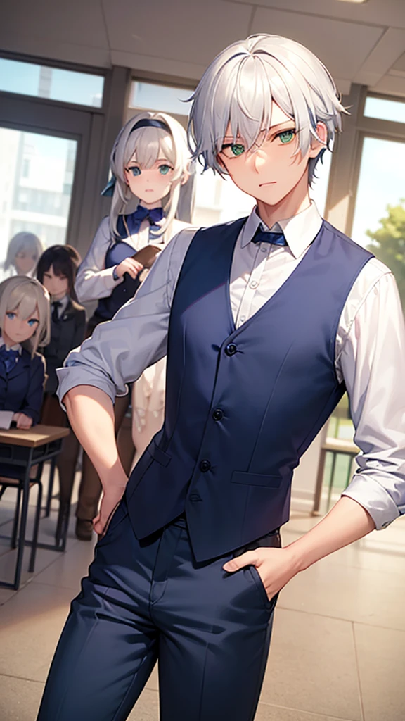 make a boy with white hair and green eyes wearing a dark blue shirt and blue pants with a purple vest in front of a school with several girls admiring him