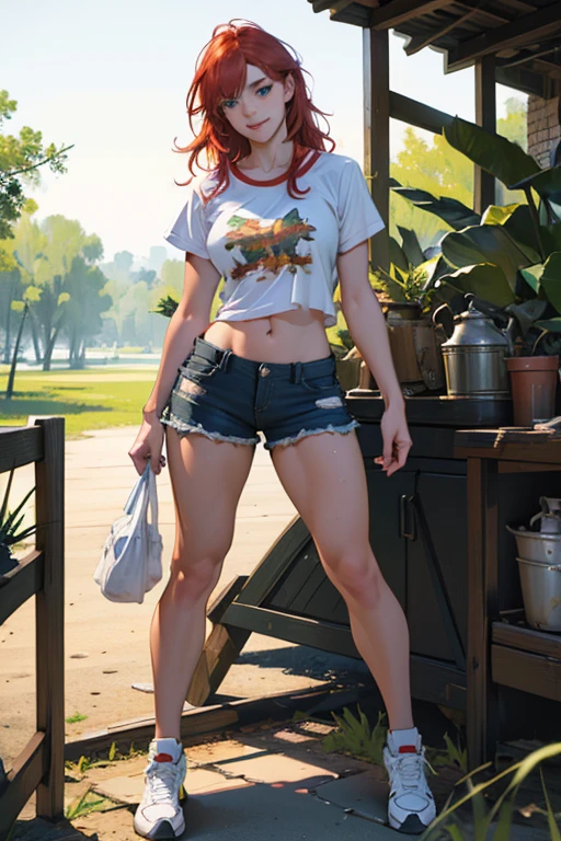 ((full body:1.4)),(Louisiana swamp),(playful, flirty smile:1.3).,(ultra realistic illustration:1.3).Sexy 23yo French woman, dyed red hair, green eyes. fit, natural perky breasts, perfect round ass, (suntan). (bangs, long hair:0.8), very light makeup, t-shirt, ripped jean shorts, tennis shoes. Masterpiece, best quality,(highly detailed:1.2),(detailed face and eyes:1.2), 8k wallpaper, depth of field, natural lighting. core shadows, high contrast, bokeh.(rule of thirds), cinematic, atmospheric, contrast, intricate.(romantic, sensual)