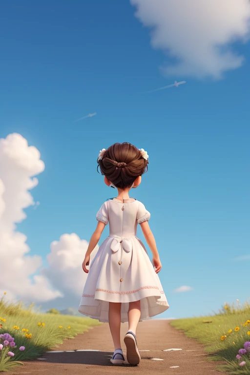 in white flower girl dress walking backwards looking at the sky