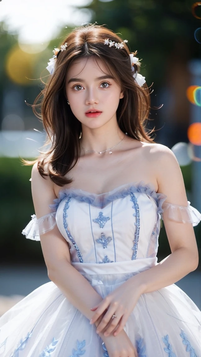 Georgeous, Beautiful, Cute, cute Face, 20 Years Old, brown Skin, Cleavage, ((medium l Breast:1.3)), Sleeveless, Off Shoulder, Strapless, ((Transparent:1.3)), ((White Long Lolita Dress)), (Embroidery), Posing, ((brown Hair)), ((Bright Blue Eye)), ((Muscles:1.3)), ((Bokeh:1.3)), Animal Farmer Background, Masterpiece, high hair updo