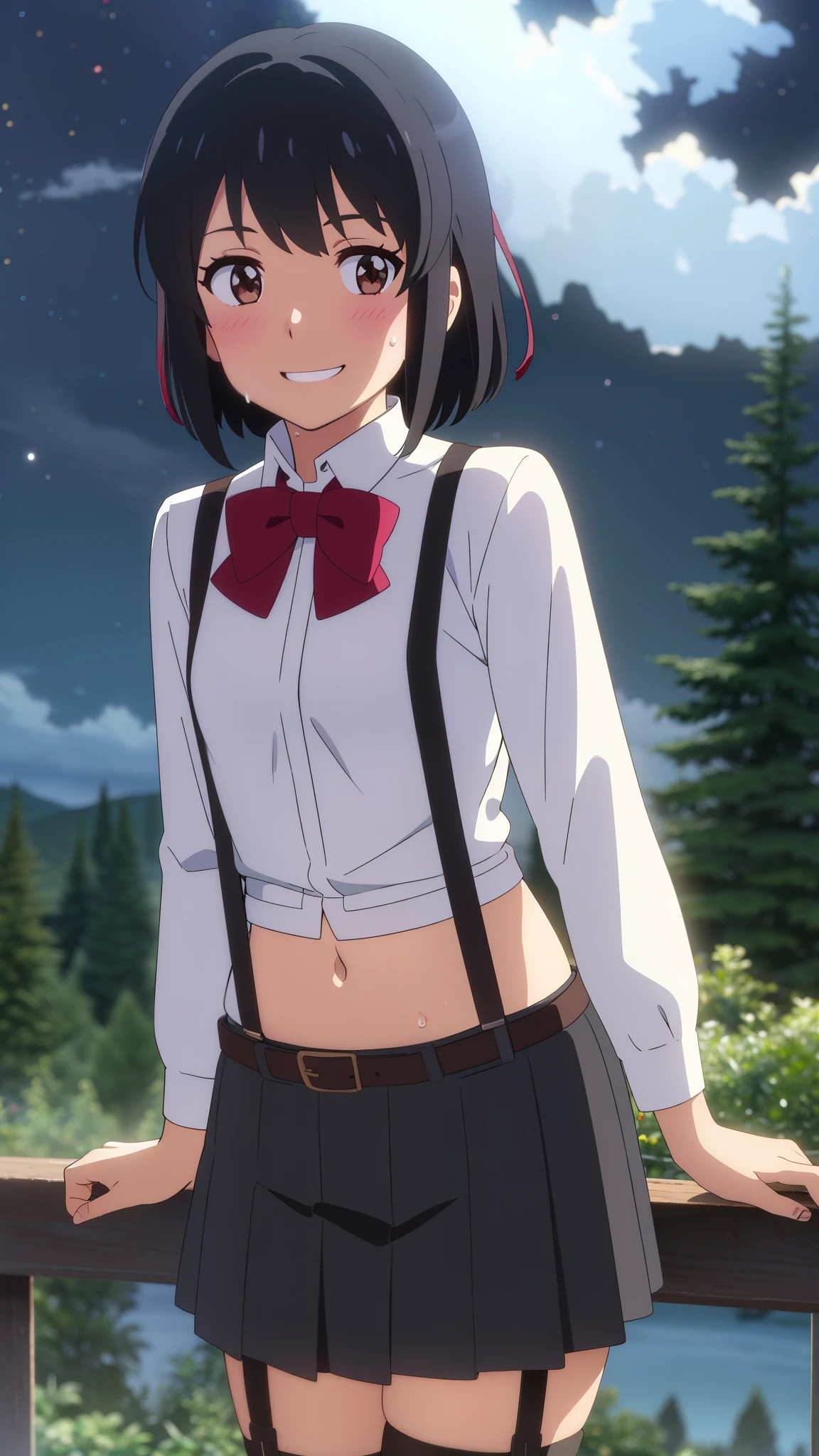 shinkai makoto, kimi no na wa., 1girl, bangs, black hair, blush, brown eyes, perfect face, looking at the viewer, black suspenders, exposed navel, red headband, red ribbon, red bow, garterbelt, garter, sight, mini skirt, belt, short hair, solo, shinny skin, smile, cute, grin, cloudy, night sky, night background, forest, sweat, (masterpiece), best quality