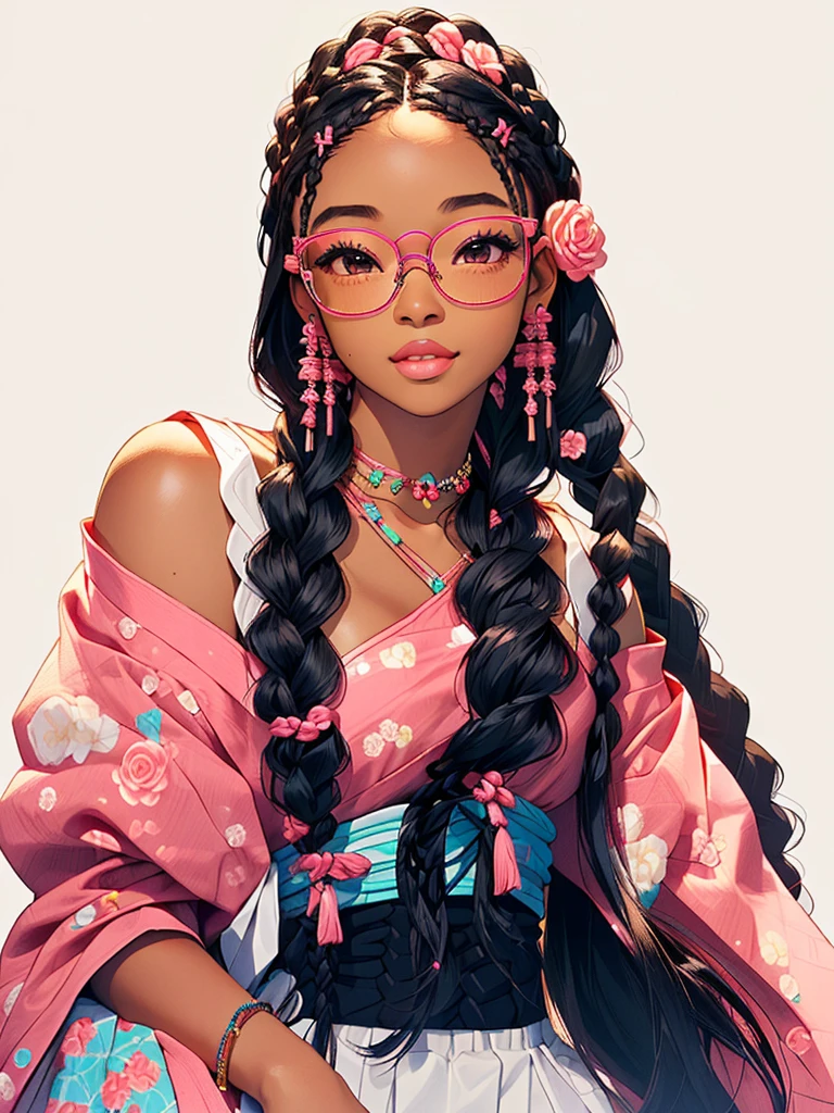 black woman, dark skin, tan, 4c, a woman with long black hair wearing a pink top and glasses, long black braids, twisted braids, elegant fantasy style braids, long black braided hair, long braided black hair, black hair in braids, with black pigtails, long braids, braided hair with roses, pigtails hairstyle, long braided hair on top of head, long flowing braided hair, girl with plaits, kawaii, doja cat, , neon clothes, portrait of japanese gyaru, very aesthetic!!!!!!