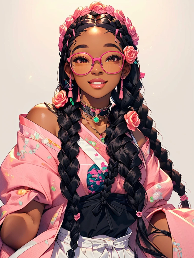 black woman, dark skin, tan, 4c, a woman with long black hair wearing a pink top and glasses, long black braids, twisted braids, elegant fantasy style braids, long black braided hair, long braided black hair, black hair in braids, with black pigtails, long braids, braided hair with roses, pigtails hairstyle, long braided hair on top of head, long flowing braided hair, girl with plaits, kawaii, doja cat, , neon clothes, portrait of japanese gyaru, very aesthetic!!!!!!