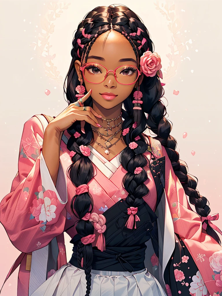 black woman, dark skin, tan, 4c, a woman with long black hair wearing a pink top and glasses, long black braids, twisted braids, elegant fantasy style braids, long black braided hair, long braided black hair, black hair in braids, with black pigtails, long braids, braided hair with roses, pigtails hairstyle, long braided hair on top of head, long flowing braided hair, girl with plaits, kawaii, doja cat, , neon clothes, portrait of japanese gyaru, very aesthetic!!!!!!