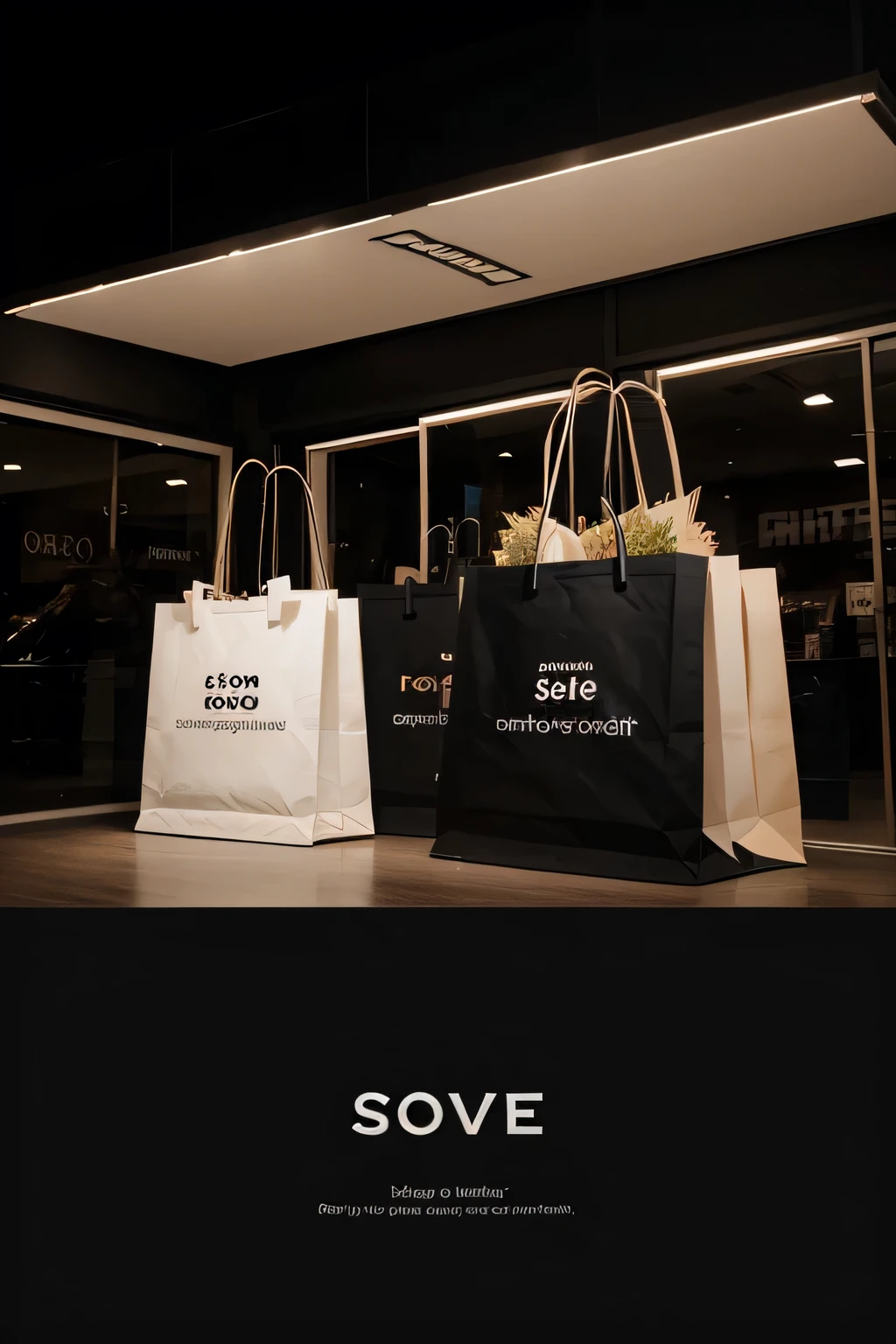 Create attractive banner for Shopify store with light black background with two attractive shopping bags and write attractive 50 off sale text
