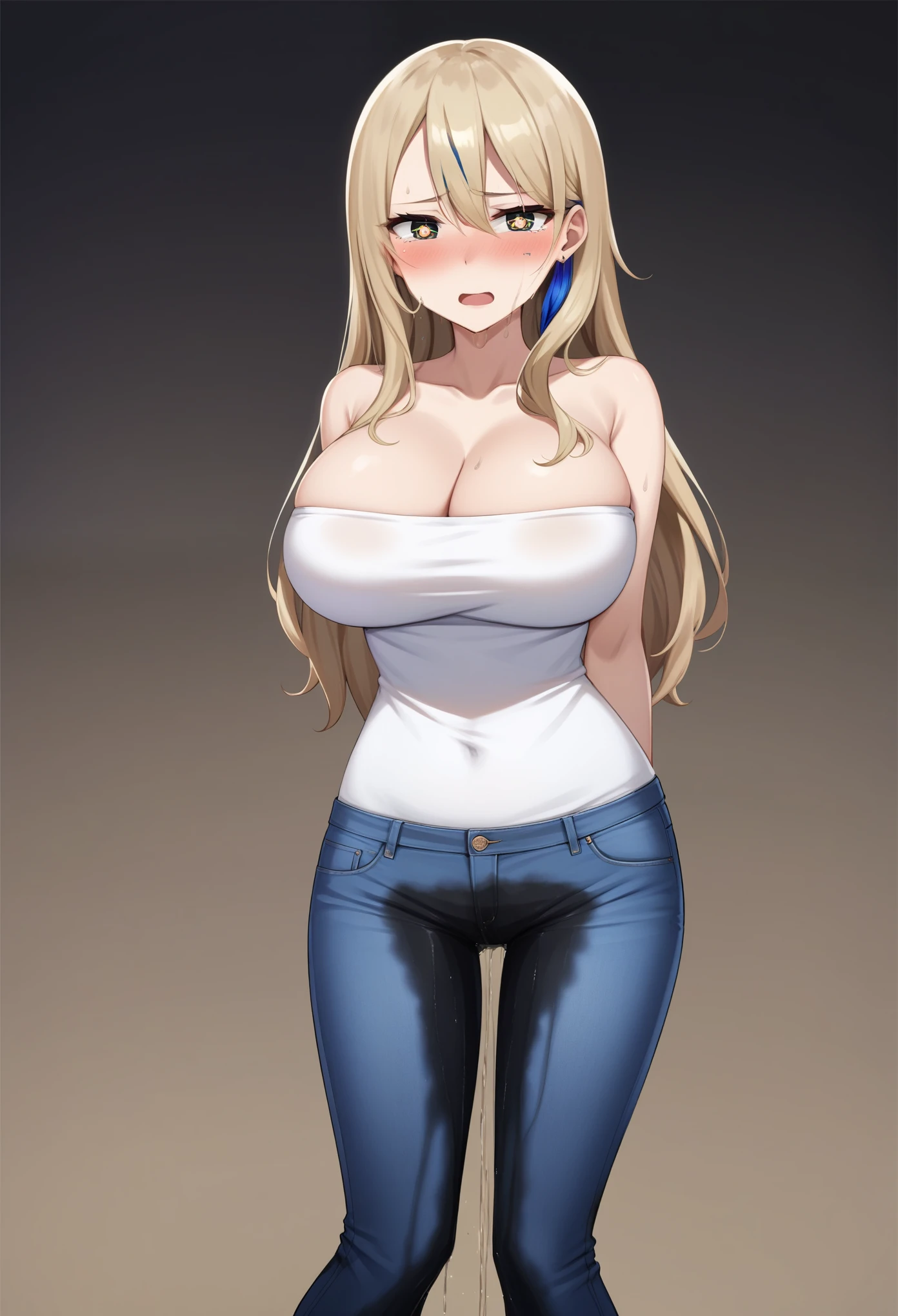 (high quality,Very detailed:1.37, High resolution), Woman, Serval Landau, jeans, large breasts, wetting herself, (standing:1.5), embarrassed, humiliation, (sweating:1.5), (blushing:1.5), Meticulous details, (extremely detailed eyes:1.37)