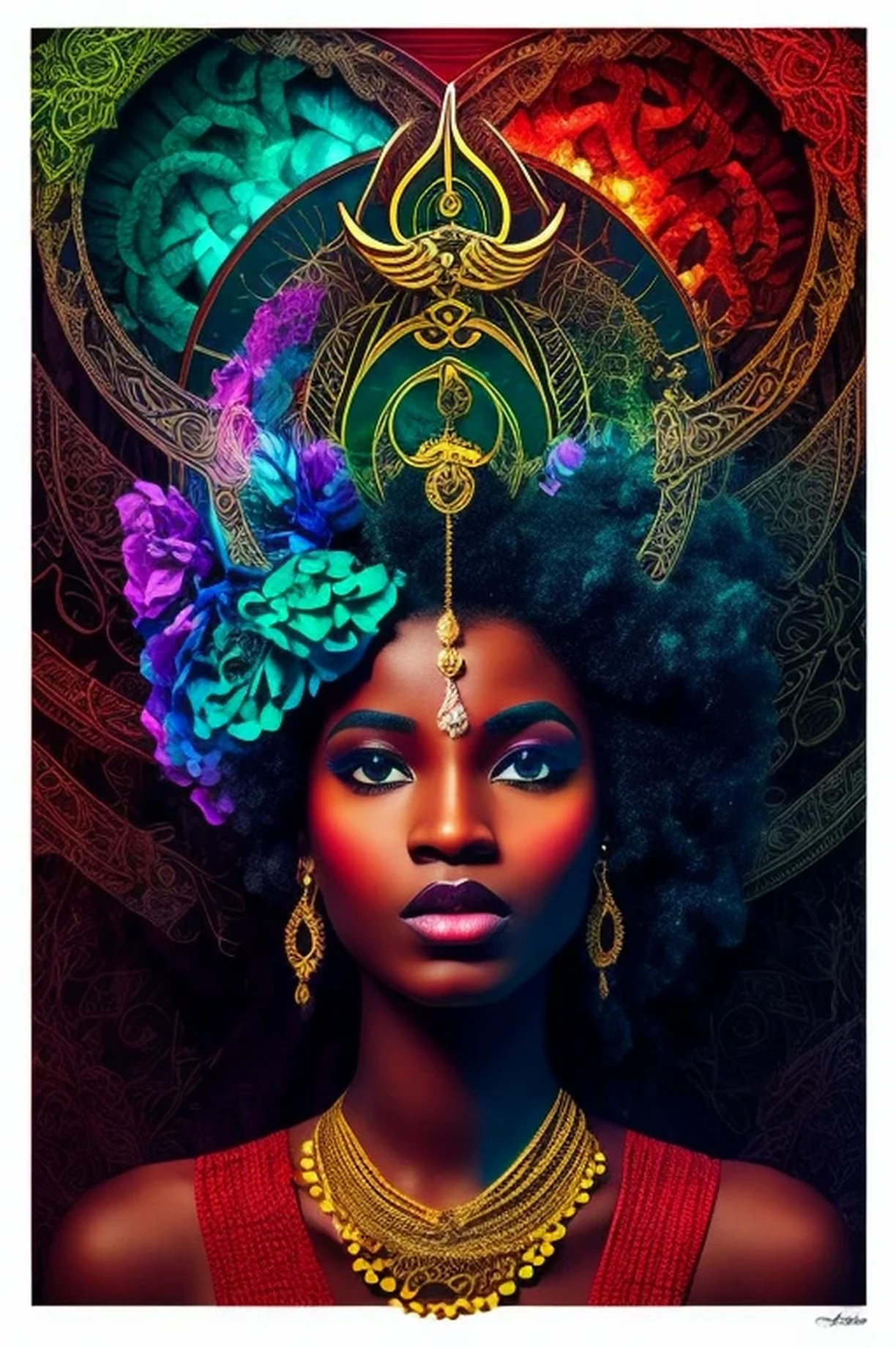 Create an album cover for the song "Let it Spin (Remix)", which combines the energy of electronic music with Latin beats and references to Umbanda and Afro-Brazilian culture.
Elementos visuais:
Pombagira: A powerful and sensual feminine figure, with elements such as red dress, fan, charuto e adereços doradass. She may be dancing or in an imposing pose.
entities: Subtle representations of Iansã (with its winds and colors), Shango (with your ax and fire), iemanjá (with its waves and shells) and Exu (with his trident and black and red colors).
Umbanda symbols: light points, candles, herbs, guides, pembas and other elements that refer to rituals and offerings.
Reference to "Saravah": A salute to Umbanda, which can be represented by a Pombagira gesture or by a stylized inscription.
Reference to "Two Two Two": Visual elements that refer to the pain and suffering of love, like broken hearts, tears, thorns or withered roses.
colors: Predominance of red, doradas, black andwhite, with touches of blue and green.
styled: A mix of magical realism with graphic and abstract elements, criando uma atmosfera vibrante, sensual and mystical.
Typography: A bold, stylized font for the title "Let it Spin (Remix)", that transmits the energy of music and the strength of Afro-Brazilian culture.
Composition:
balance: Distribute the elements harmoniously, creating an impactful and inviting look.
motion: Use dynamic lines, light and shadow effects to convey the energy and rhythm of the music.
DeepL: Create layers and overlays to add depth and visual richness to the image.
Considerations:
Respect: Represent Afro-Brazilian culture and Umbanda with sensitivity and respect, avoiding stereotypes and cultural appropriation.
Originalidade: Create a unique and memorable cover, that stands out and reflects the identity of the music and the culture that inspires it.
Dicas:
try it: Use different art styles, color palettes and compositions to find