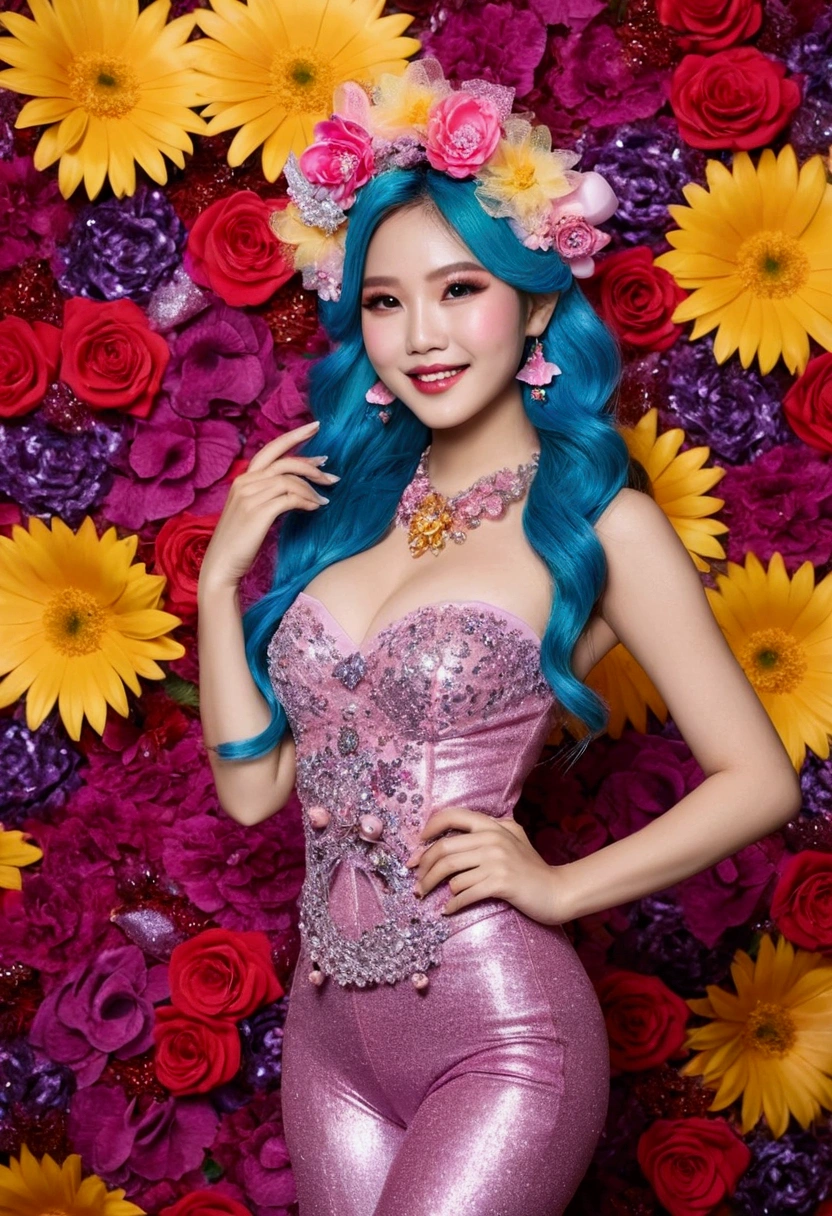 sexy Thai model who controls poison、beautiful smile、lip-gloss、bold lipstick、long lashes、drama makeup、look at the camera、full body Esbian、、sparkling poisoned flower costume、、、、sparkling Colorful hair、secrete poison、skull hair accessories、sexy tights、shiny sparkling flowers background