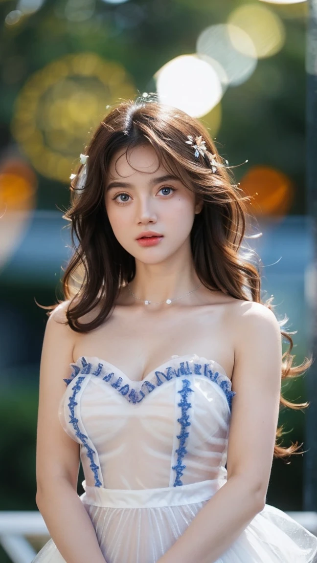 Georgeous, Beautiful, Cute, cute Face, 20 Years Old, brown dark Skin, Cleavage, ((medium l Breast:1.3)), Sleeveless, Off Shoulder, Strapless, ((Transparent:1.3)), ((White Long Lolita Dress)), (Embroidery), Posing, ((brown Hair)), ((Bright Blue Eye)), ((Muscles:1.3)), ((Bokeh:1.3)), Animal Farmer Background, Masterpiece, curly long hair
