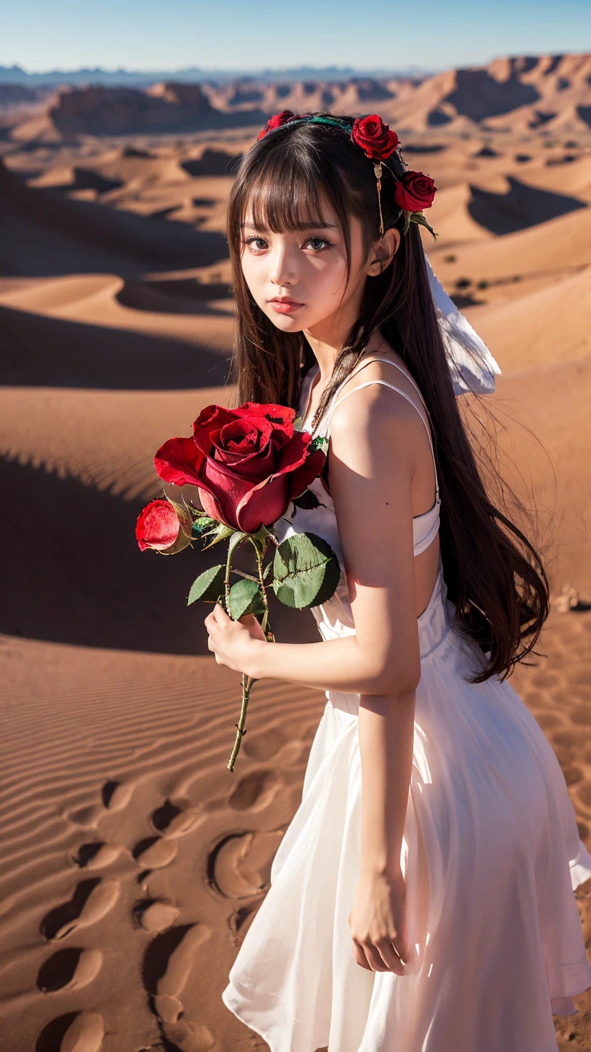 ((masterpiece, Highest quality)),Best aesthetics,(One Girl:1.4),The background is the desert, (Rose Maiden_Shinku:1.4),Don't look at the audience, Focus Only, (Small breasts),Blonde,Long twin tails