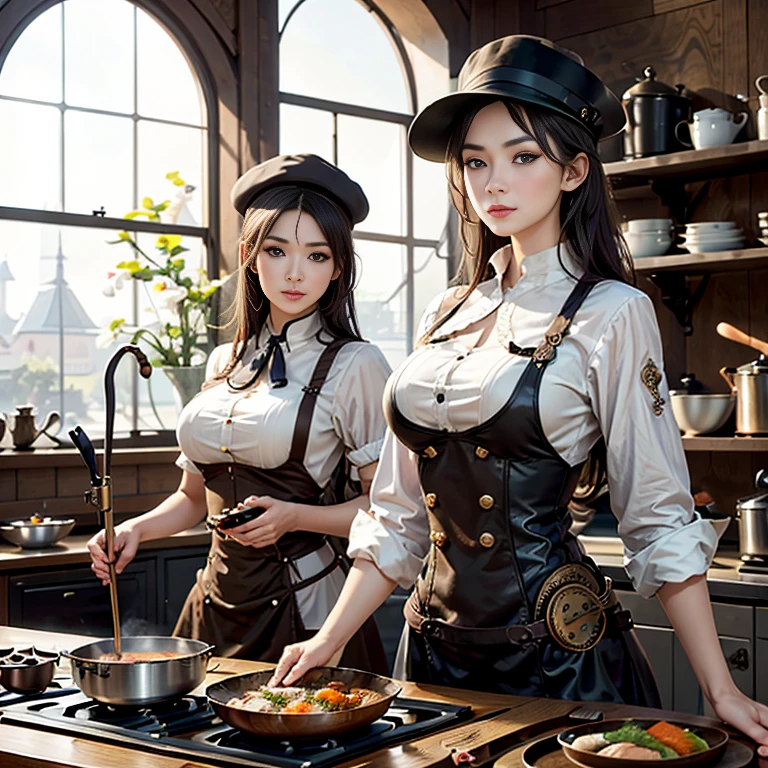 A photorealistic, UHD picture of 2 girls two Eurasian steampunk female chefs wearing chef's hat and brown steampunk clothes, holding a soup ladle over a stove and standing in a steampunk kitchen, beautiful and sexy
