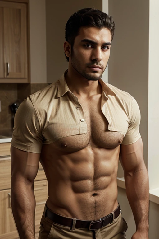 Male Character, Alpha, Arab Guy, Short Beard, Sharp Jawline, Intense Eyes, Muscular Body, Standing, Photographic Image, Candid, Beige Colour Color Shirt, Unbuttoned Shirt Revealing Body.