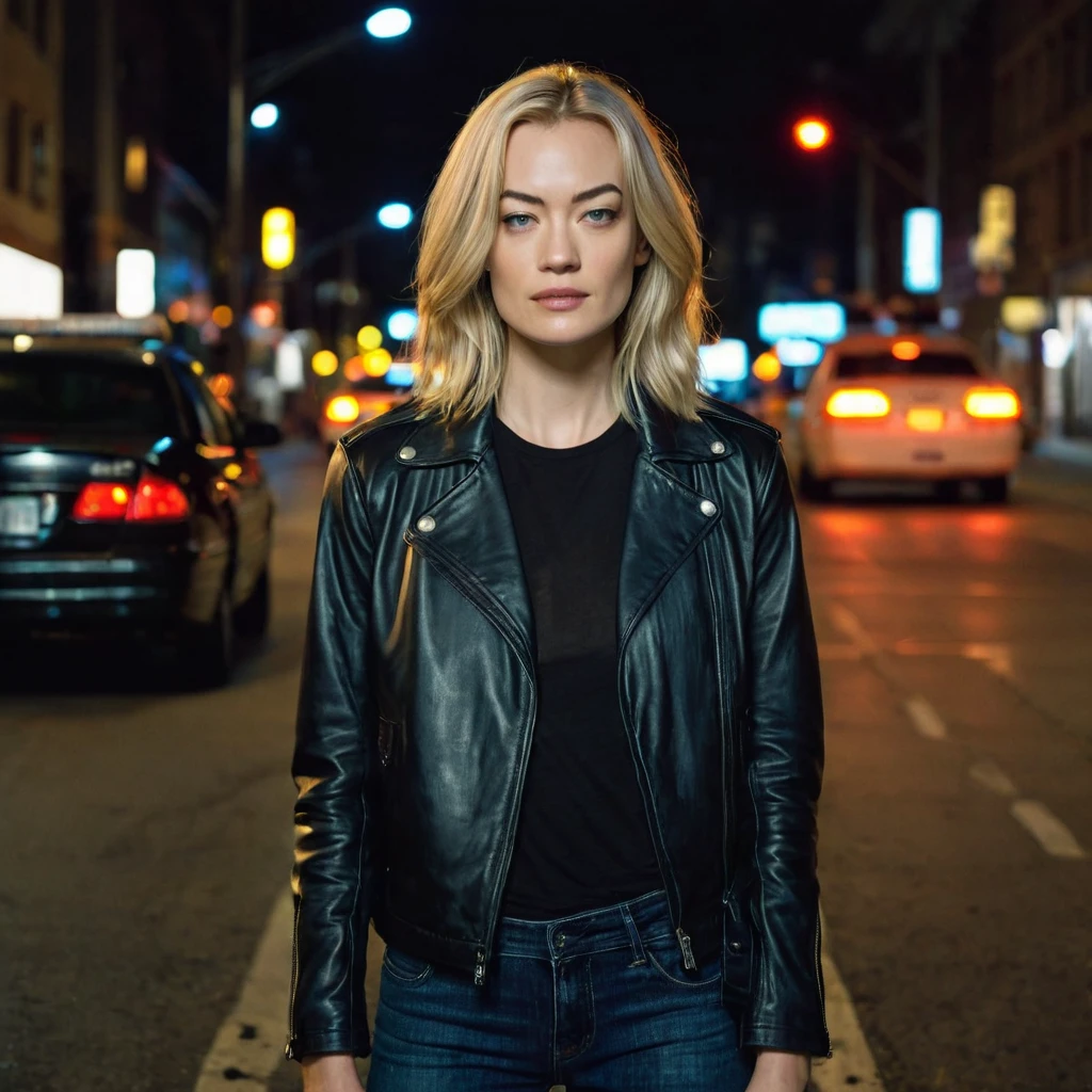 young 27 years old  woman, Xenia, looking alike Yvonne Strahovski, standing tall in the middle of a dark city  street. The street is illuminated by  police lights, there are three cars on the  line at the traffic lights, ready to race. The woman has shoulder -length blonde hair, fair skin, and is wearing a black leather jacket over a dark blue t-shirt. She is also wearing dark skinny jeans and white sneakers.