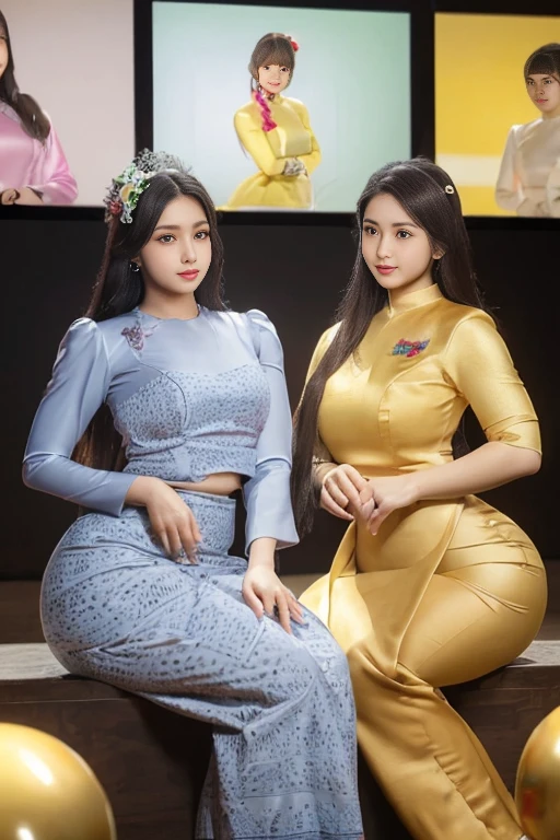 3 young Burmese women of the same blood, one color, one color, sisters with long hair and captivating beauty / As if they were competing with each other for beauty / High hips / Big hips / A little narrow waist / Tightly dressed in traditional clothes / Neat and elegant clothes / Branded and decorated silk reflection / Intricacy / (One is sitting on the dance floor) / Clear and high resolution / 3D HD