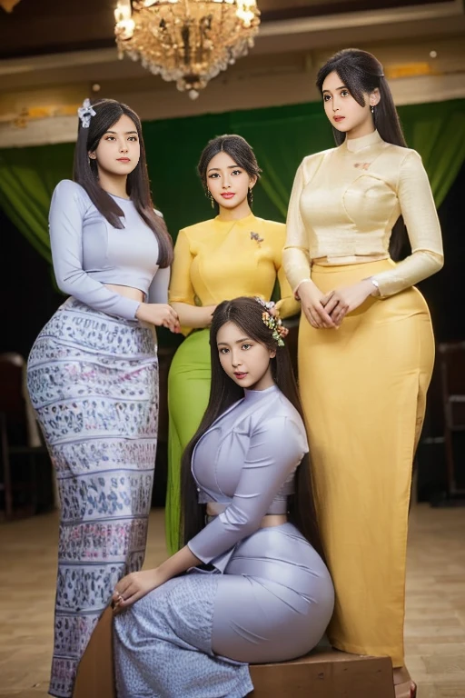 3 young Burmese women of the same blood, one color, one color, sisters with long hair and captivating beauty / As if they were competing with each other for beauty / High hips / Big hips / A little narrow waist / Tightly dressed in traditional clothes / Neat and elegant clothes / Branded and decorated silk reflection / Intricacy / (One is sitting on the dance floor) / Clear and high resolution / 3D HD