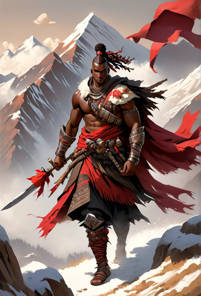 Ultra Realistic, Highly Defined Details, Rose flower, Snowy Mountain Range, Shadowy Distant Back Drop, Bones Liter The Ground, Shandy Color Shading Capturing the Mode, Young Adult African Male Villager, holding a Rose Flower, On Top Of Tall Mountain, Piercing Gaze, Serious Sharp Facial Features, Fit Athletic Muscular Physique, Bone Mail Armor, Peaces of tribal decorations tied to armbands, Bone chest plate armor, Lightly armored belt buckle dagger and in a sheath, Bone carved Hilt and Sword, wrapped in crimson decorated cloth Worn On the Back, Dark Crimson Cloak, Distant Shot Full Body View, Holding a Flaming Rose, Snowy Day, Snowy Mountain, Snow on the Ground, A lot of Snow, Tribal Village, Distance Picture, 6 meters Distant Side View Angle, Side View picture,
