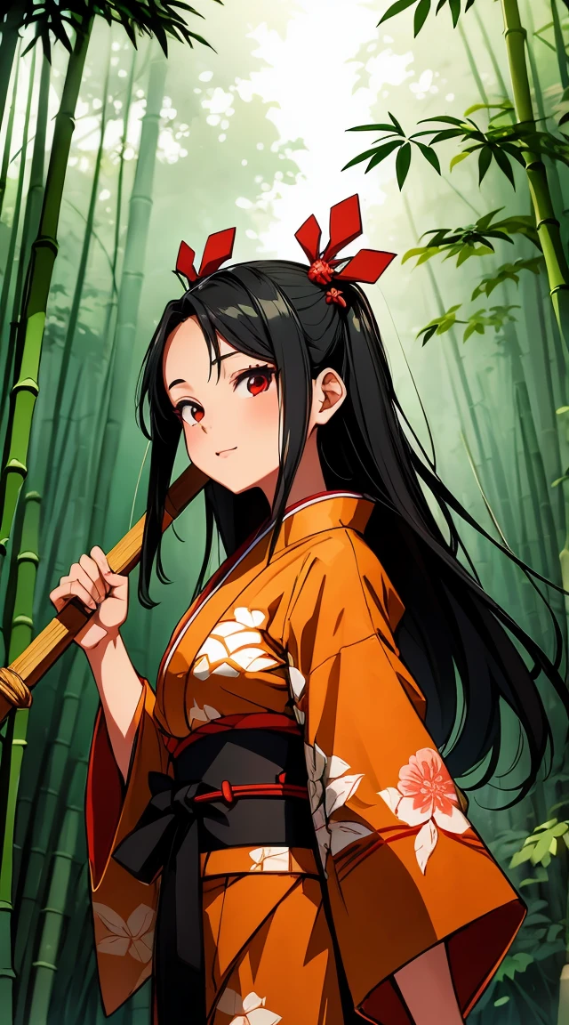Frog art style of Demon Slayer character, Nezuko Kamado. She is wearing a Japanese-style kimono and a bamboo gag. A lush forest spreads in the background. The overall atmosphere is cute and bright.