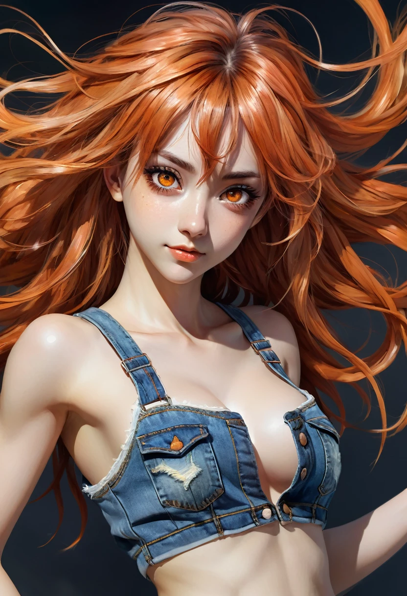 top down view, high angel, digital render of a smirking women, shorts, watercolor, tank top, denim pants, long hair, rugged, upper body, digital art, dark background, orange hair, anime style, amber eyes, messy hair, big eyes, soft colors, intricate detailed, fantasy, concept art, digital art, intricate, masterpiece, expert, insanely detailed, studio lights