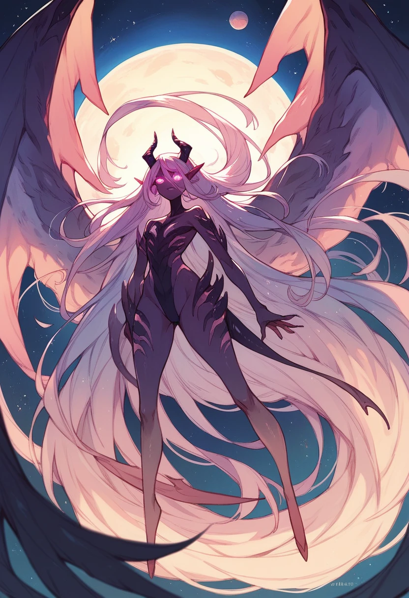 Humanoid creature, small horns, long wings, very long hair, glowing eyes, in space, earth on the background