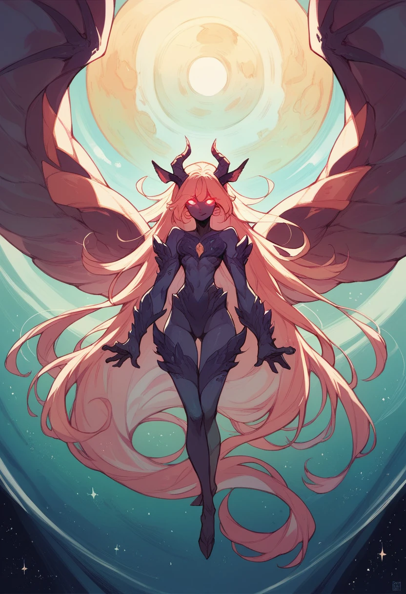 Humanoid creature, small horns, long wings, very long hair, glowing eyes, in space, earth on the background