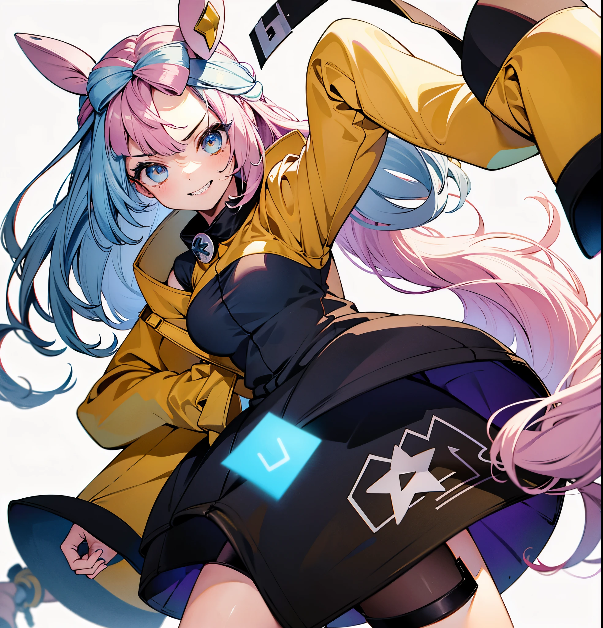 (Highest quality, masterpiece, Very detailedな, Very detailed, Exquisite, 16K,Full HD),(White Background:1.5),、Big Breasts,Pink hair and blue eyes、Yellow Jacket、Please raise your right hand、Lower your left hand、Stand only on your right foot、Raise your left leg。smile、Nanjamo,No text,(((Detailed fingers))),Upper Body
