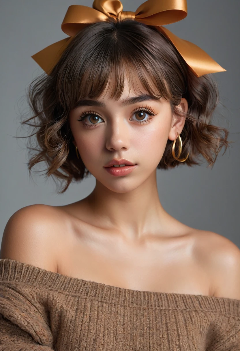 (best quality, 4k, highres, highres face details), young girl aged 18 yrs old, 1girl, solo, Instagram model, athletic figure, tan skin, perfect lips, fake lashes, modest bust size, deep cleavage, pretty face, wearing an off the shoulder brown sweater, wearing jean shorts, brown hair, short curly hair, crossed bangs, brown eyes, constricted pupils, hair ribbon, hoop earrings, cinematic lighting, Ultra-Wide Angle, Canon, Hyperrealism, UHD, masterpiece, textured skin, high details, best quality, detailed eyes, detailed iris, full body image