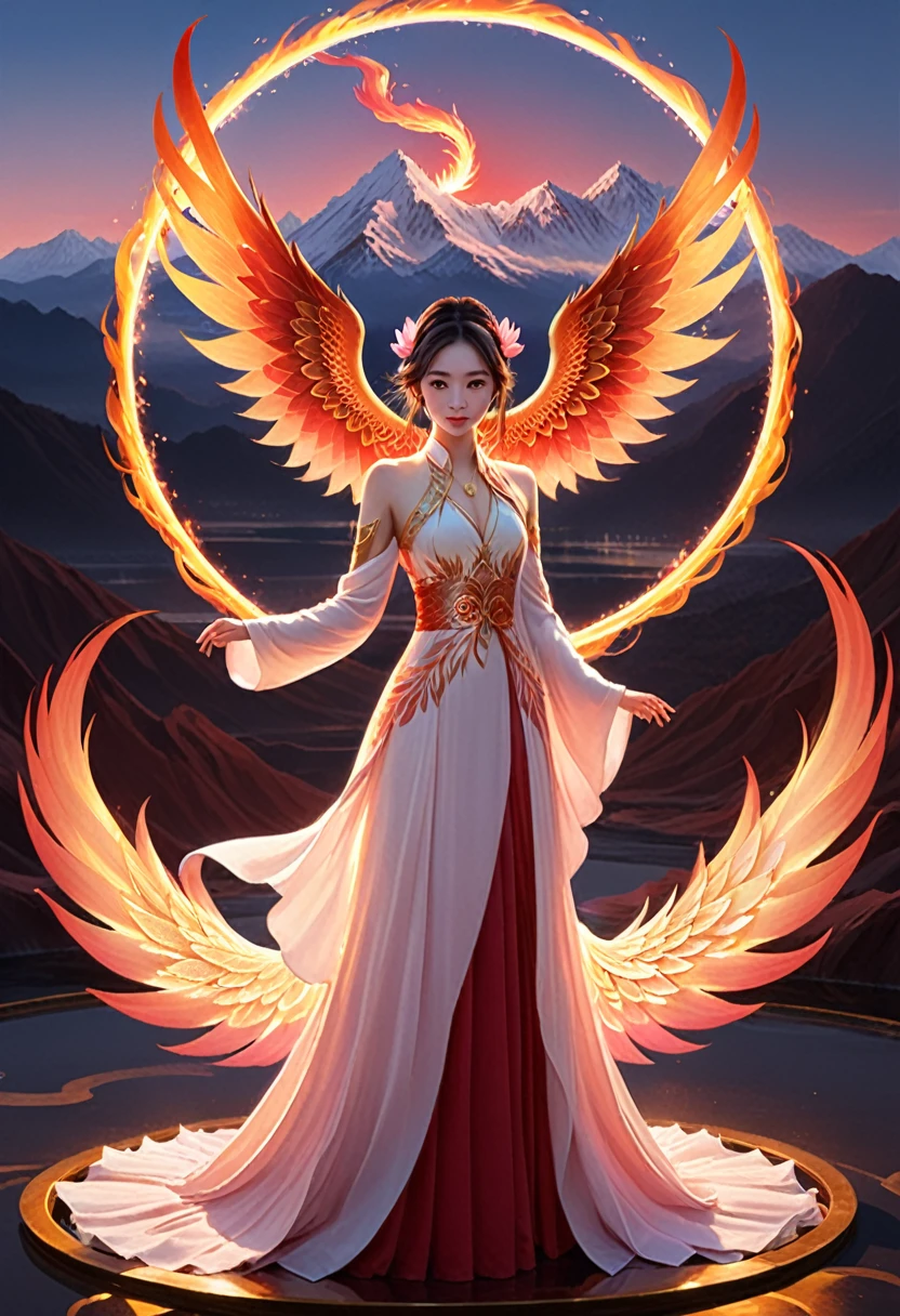 (masterpiece, Highest quality: 1.2), a girl with Phoenix wings standing in a ring of fire, Red eyes glow, Phoenix, Lotus flower, Red Gold Pink, Sunrise with mountains in the background