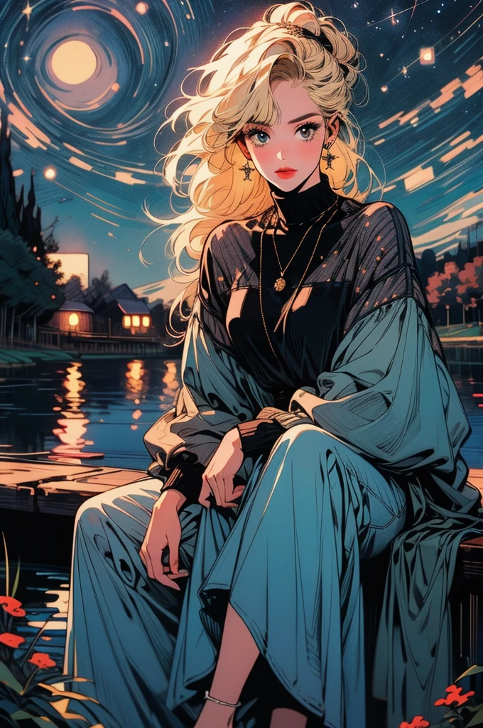 (masterpiece:1.1), (Highest quality:1.1), (detailed:1.0), (Vibrant colors:1.1), break, (Dated:1.0), break, (One girl:1.0), (Baggy clothes:1.0), (sitting on Grass:1.0), (View your viewers:1.0), break, (Starry Night:1.2), (moonlight:1.0), (lake:1.0), (Flowers:1.0), (Grass:1.0)
ponytail, Blonde, Earrings, Blue Hair