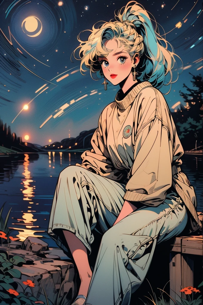 (masterpiece:1.1), (Highest quality:1.1), (detailed:1.0), (Vibrant colors:1.1), break, (Dated:1.0), break, (One girl:1.0), (Baggy clothes:1.0), (sitting on Grass:1.0), (View your viewers:1.0), break, (Starry Night:1.2), (moonlight:1.0), (lake:1.0), (Flowers:1.0), (Grass:1.0)
ponytail, Blonde, Earrings, Blue Hair