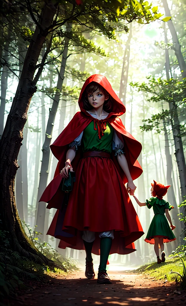 Peter Pan and Little Red Riding Hood walking through the forest, focus on characters, lighting sun, detailed image, Disney characters