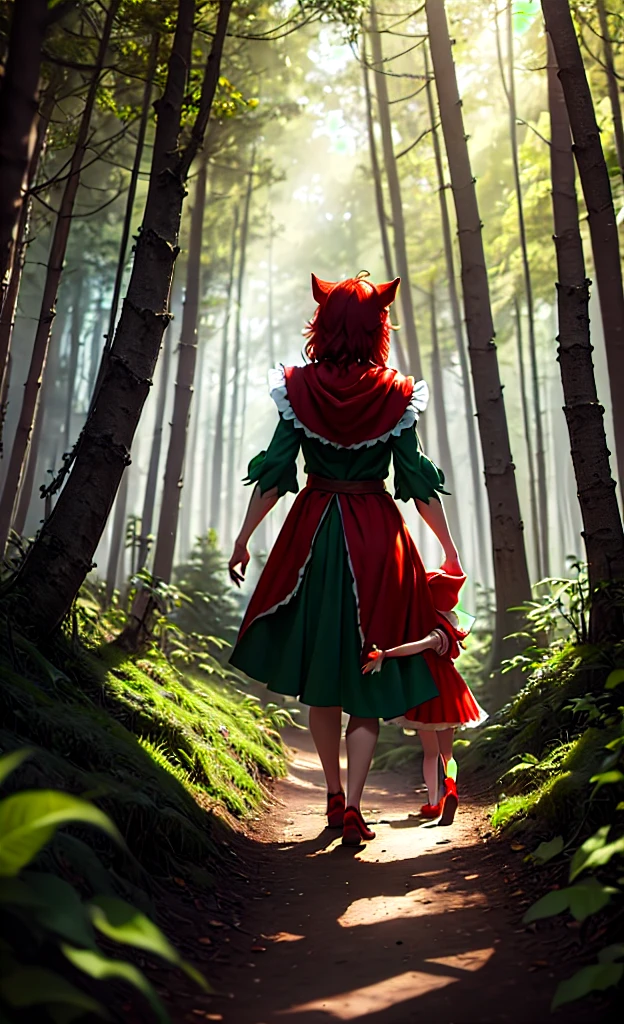 Peter Pan and Little Red Riding Hood walking through the forest, focus on characters, lighting sun, detailed image, Disney characters