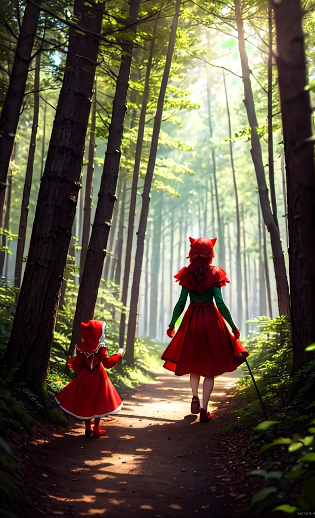 Peter Pan and Little Red Riding Hood walking through the forest, focus on characters, lighting sun, detailed image, Disney characters