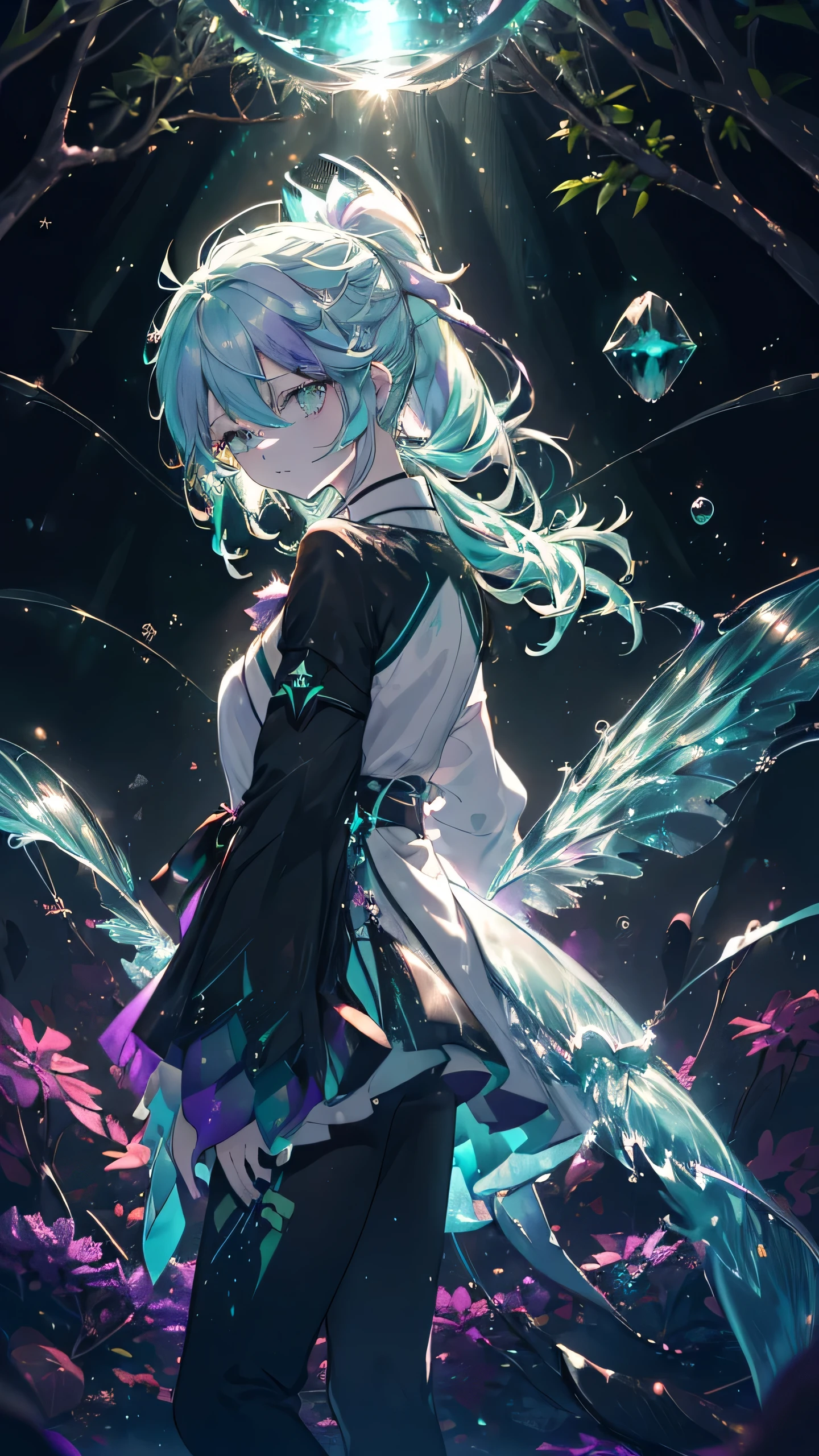 (Highest quality),(masterpiece),(Ultra-precision),((Detailed eyeof depiction:2.0)),(Lens flare:1.0),(Movie Posters:1.0),(Tarot card of frame:1.0),A centrally placed portrait,(Close-up:1.0),(Negative Space:1.6); (Floating colorful {wind|waterofmagic|ink|crystallization|ice|fire|inflammation|lightning|Spider&#39;s Web|rock|sand|particle|shine|Blood}:1.0),(Many of colorful {Soap bubble|cloud|thorn|Sharp protrusions|Vine|flow|Spiral|Halation|wing|Tattoo|CUBE|octahedron}:1.0),(Floating {red|green|green|aqua|purple|yellow|black|white|grey|pink|orange|lime} of {ribbon|wing|particle|Blade|water drops|雪ofcrystallization|Soft sphere}:1.0),({crystallization|ice|fire|inflammation|wind|water|land|stone|universe|music|sound wave|vortex} of {magic|wing}:1.0), ({Ray Tracing,shine|Sunlight filtering through the trees,light,Caustics|night,blackof theme|mysterious,Creepy|easygoing,pastel colour}:1.2), ({colorful|Rainbow colors|multicoloured}:1.0),(Beautiful and detailed shine:1.0); (Single),({Leaning forward|Lean back|Tilt to the side|}:1.2),{expression:(smile:1.0)|(Grinning expression:1.7)|},({small|small||lips,eyelash}:1.0),{(Mouth open:1.0)|(Mouth closed:1.0)|},({eyelash|eye shadow||}),{One eye closed},({green|aqua|white|} offer:1.4),({short|long|Medium} hair:1.0),({From below|From above|From the side|From the back|Facing forward}:1.3),(Halation:1.3),(tilting your head:1.5),(Dynamic pose:1.1),(Asymmetrical hair style:1.2),({red|green|green|aqua|purple|yellow|black|white|grey|pink|orange|lime} of {armor|dress|Collared shirt|suit|custom}:1.0),({formal|uniform|Techwear|Urban style|casual,Casual clothes|Fantasy,Magic User|Wild,Tribal|sf,Future}),({Check of skirt|Layered skirt|A fluffy dress|tights|pants|Shorts:1.5}),({green|aqua|purple|black|} of {eye|eye|pupil}:2.0),{(amount:1.5),Asymmetrical front hair|Diagonal of front hair|eyeof間offer|Bangs in front|Washed front hair},{One eye is hidden|ponytail|High position of twin tails:2.0},{Straight Hair|Wavy Hair|Drill Hair||},{Long coat|suit jacket|cape|sweater|tie}