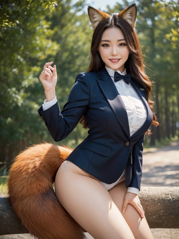 ((highest quality, 32k)), ((masterpiece)), (Familiar), Perfect Face, Fox woman, Beautiful woman, public, Has a tail, She has a fluffy tail, She has a red fox&#39;s tail., She wags her tail, smile, bell collar, She is wearing a pantsuit, Beautiful Hips, Big Breasts, Big tail, A tail sticking out from a pantsuit, she turns around